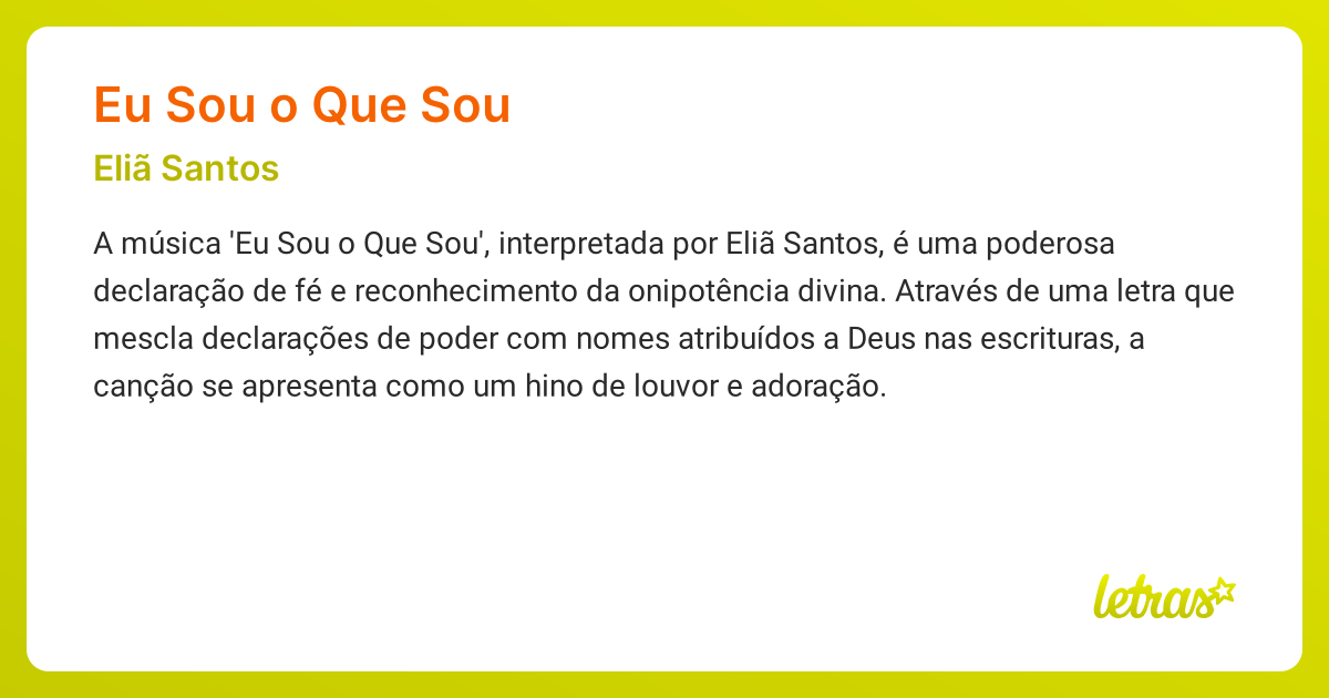Significado da música EU SOU O QUE SOU (Eliã Santos) - LETRAS.MUS.BR