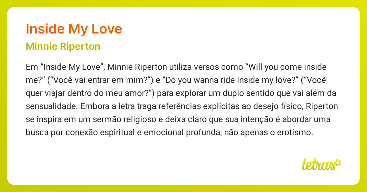 Significado da música INSIDE MY LOVE (Minnie Riperton) - LETRAS.MUS.BR