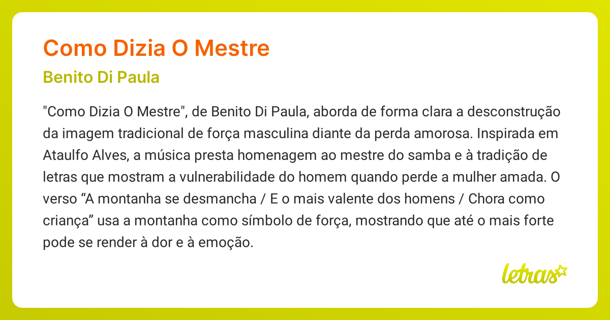 Significado da música COMO DIZIA O MESTRE (Benito Di Paula) - LETRAS.MUS.BR