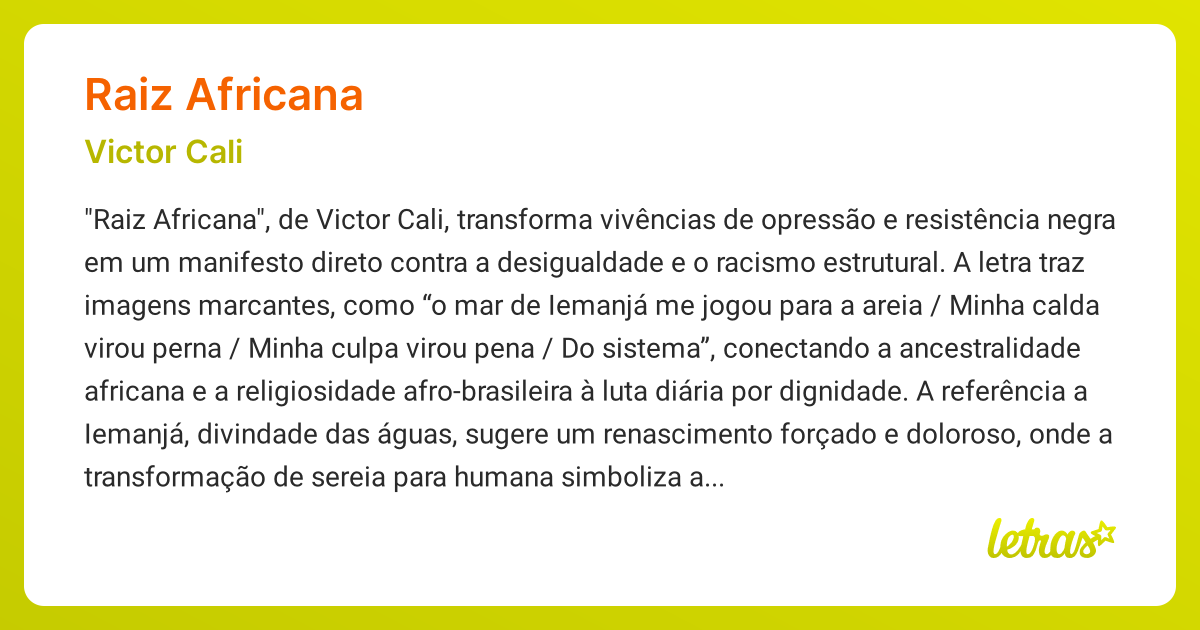 Significado da música RAIZ AFRICANA (Victor Cali) - LETRAS.MUS.BR