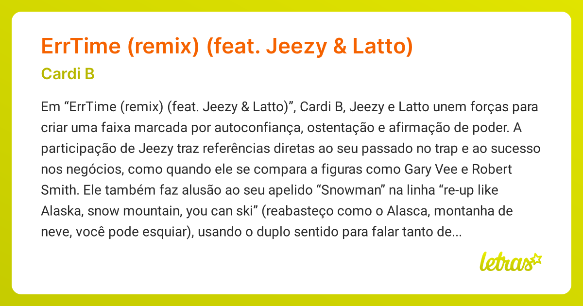 Significado da música ErrTime (remix) (feat. Jeezy & Latto) (Cardi B ...