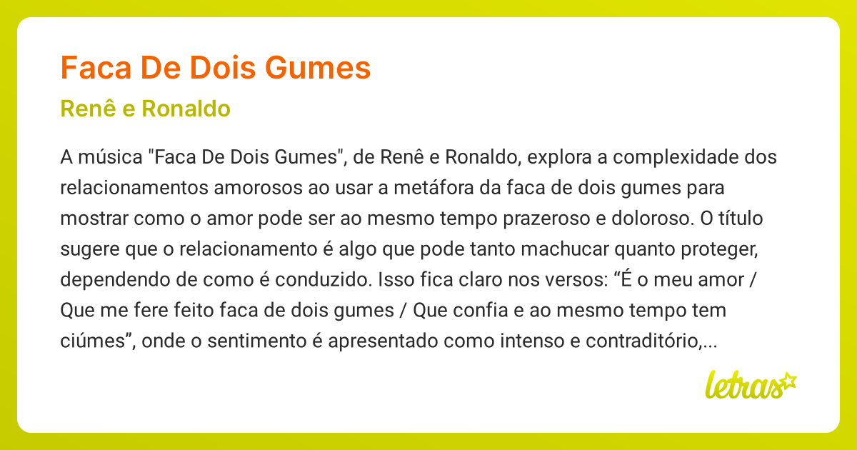 Significado da música FACA DE DOIS GUMES (Renê e Ronaldo) - LETRAS.MUS.BR