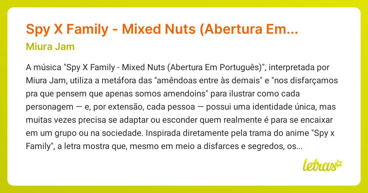 Significado da música Spy X Family Mixed Nuts (Abertura Em Português
