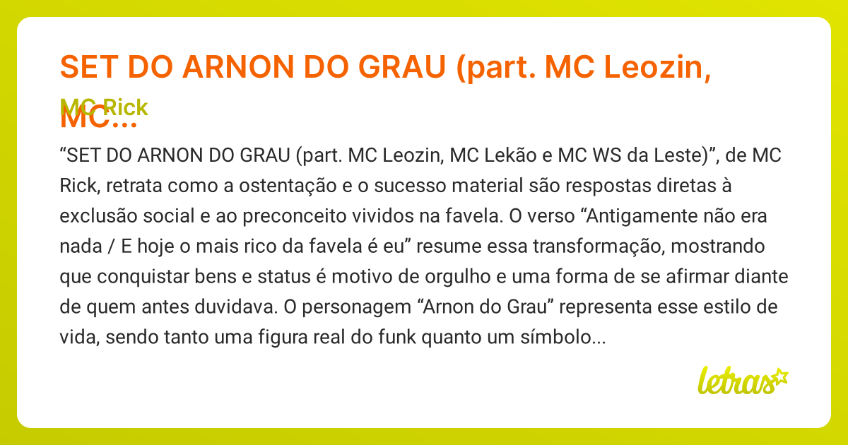 Significado da música SET DO ARNON DO GRAU (part. MC Leozin, MC Lekão e ...