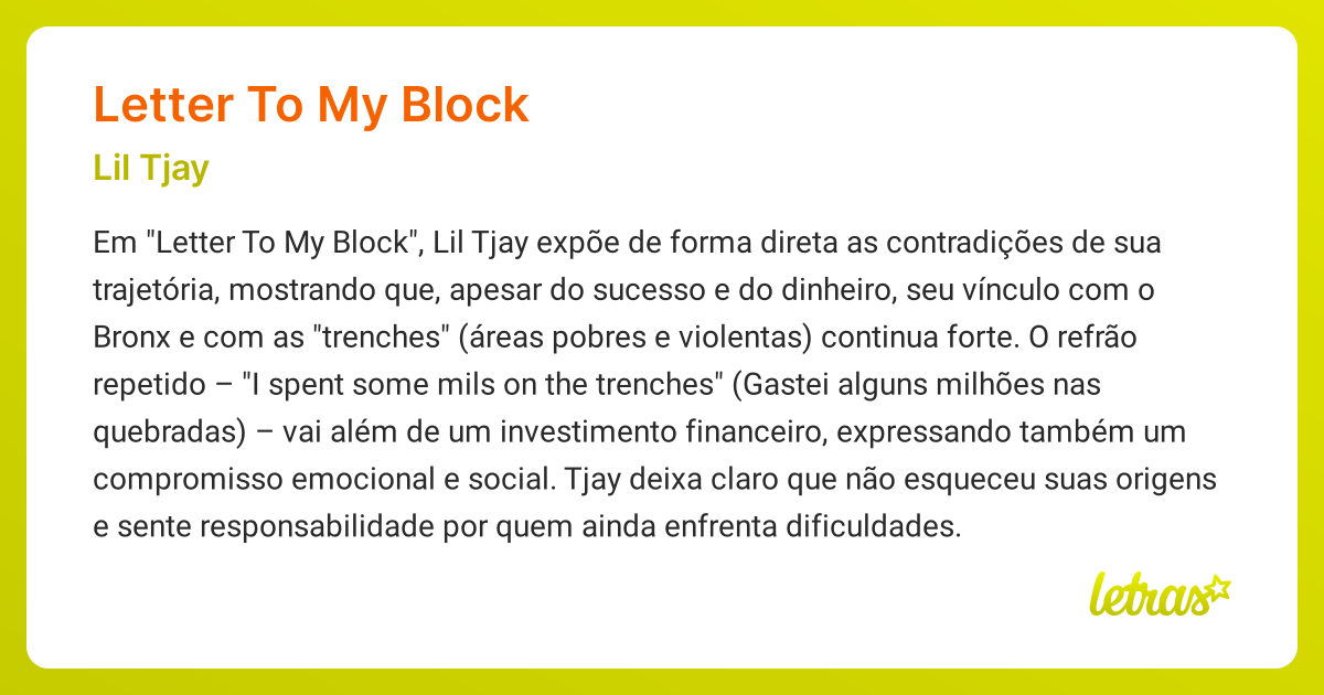 Significado da música LETTER TO MY BLOCK (Lil Tjay) - LETRAS.MUS.BR