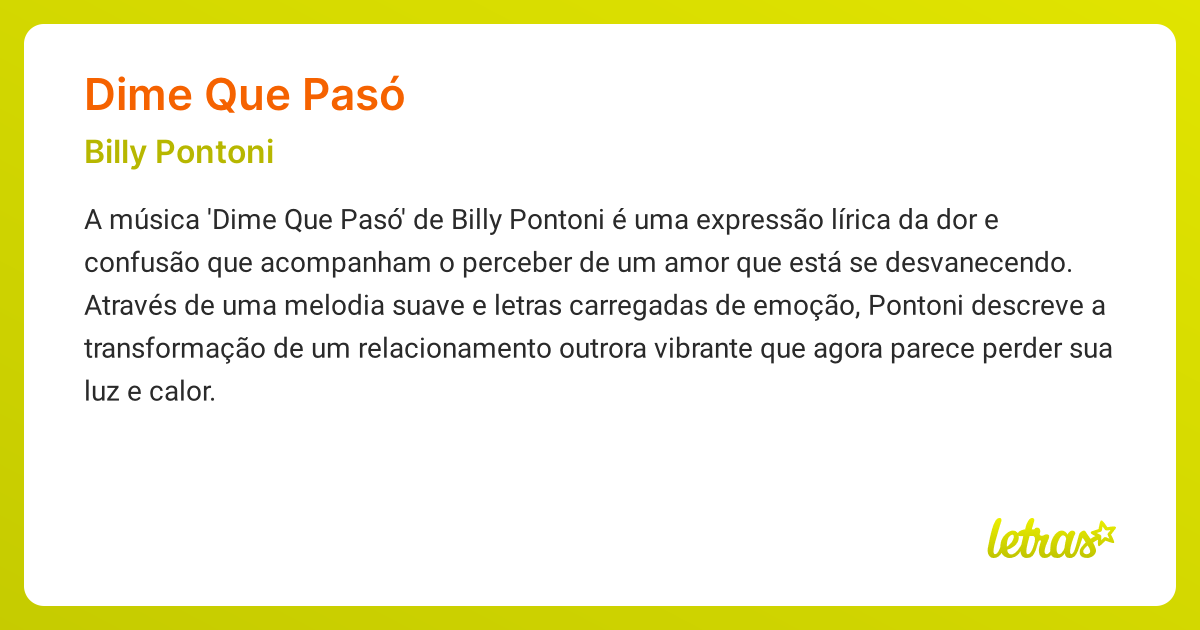 Significado da música DIME QUE PASÓ (Billy Pontoni) LETRAS.MUS.BR