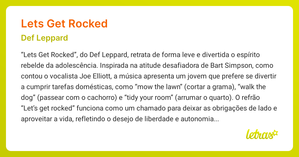 Significado da música LETS GET ROCKED (Def Leppard) - LETRAS.MUS.BR