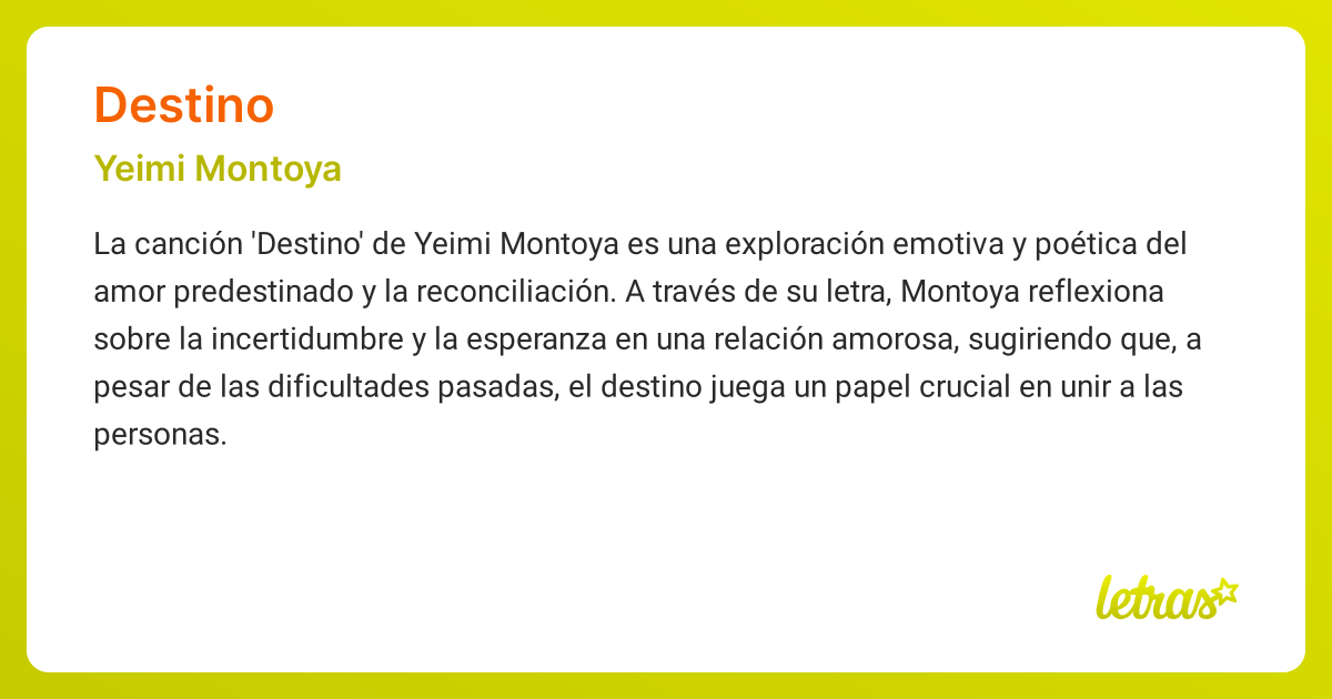 Significado de la canción DESTINO (Yeimi Montoya) - LETRAS.COM