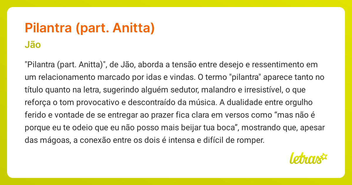 Significado da música PILANTRA (PART. ANITTA) (Jão) - LETRAS.MUS.BR