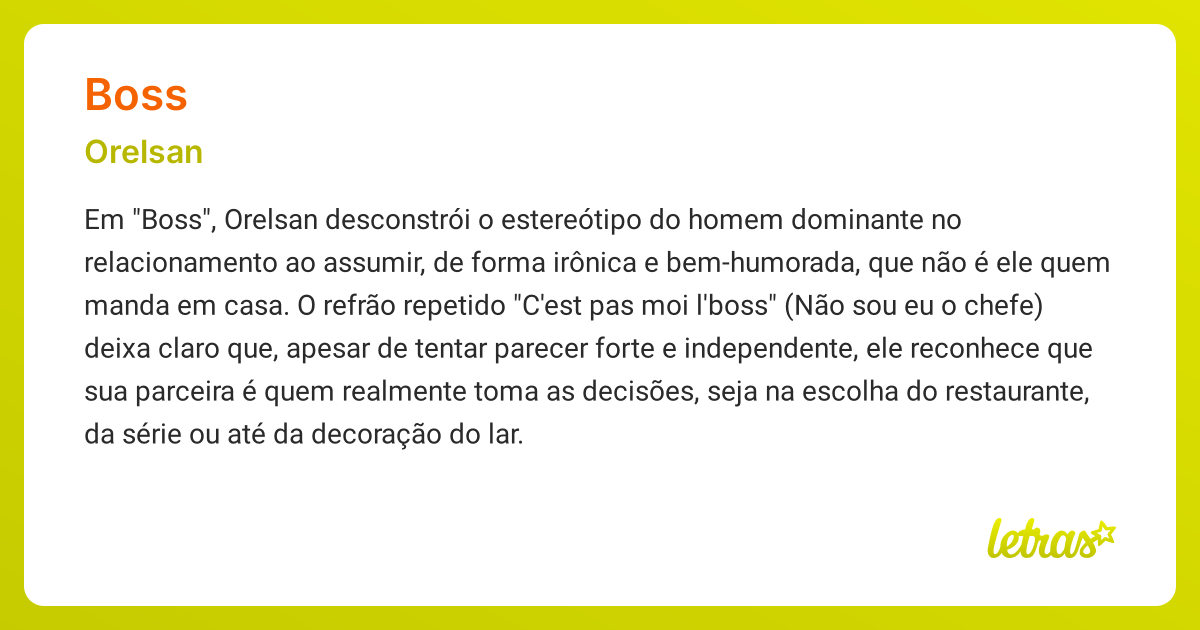 Significado da música BOSS (Orelsan) - LETRAS.MUS.BR