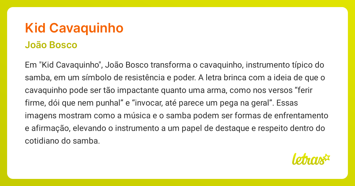 Significado da música KID CAVAQUINHO (João Bosco) - LETRAS.MUS.BR