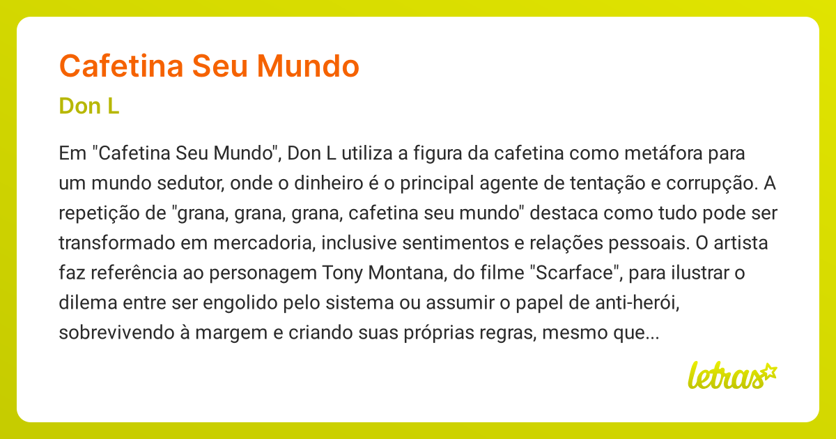 Significado da música CAFETINA SEU MUNDO (Don L) - LETRAS.MUS.BR