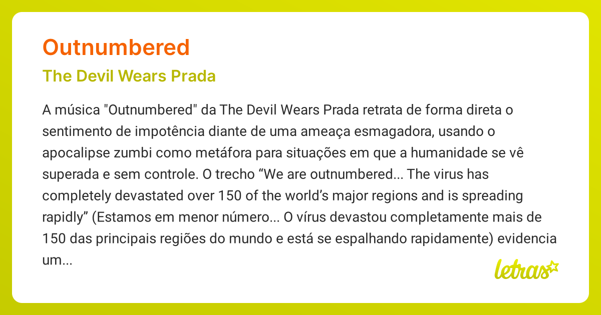 Significado da música OUTNUMBERED (The Devil Wears Prada) - LETRAS.MUS.BR