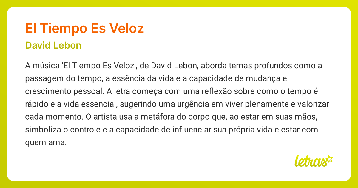 Significado da música EL TIEMPO ES VELOZ (David Lebon) - LETRAS.MUS.BR