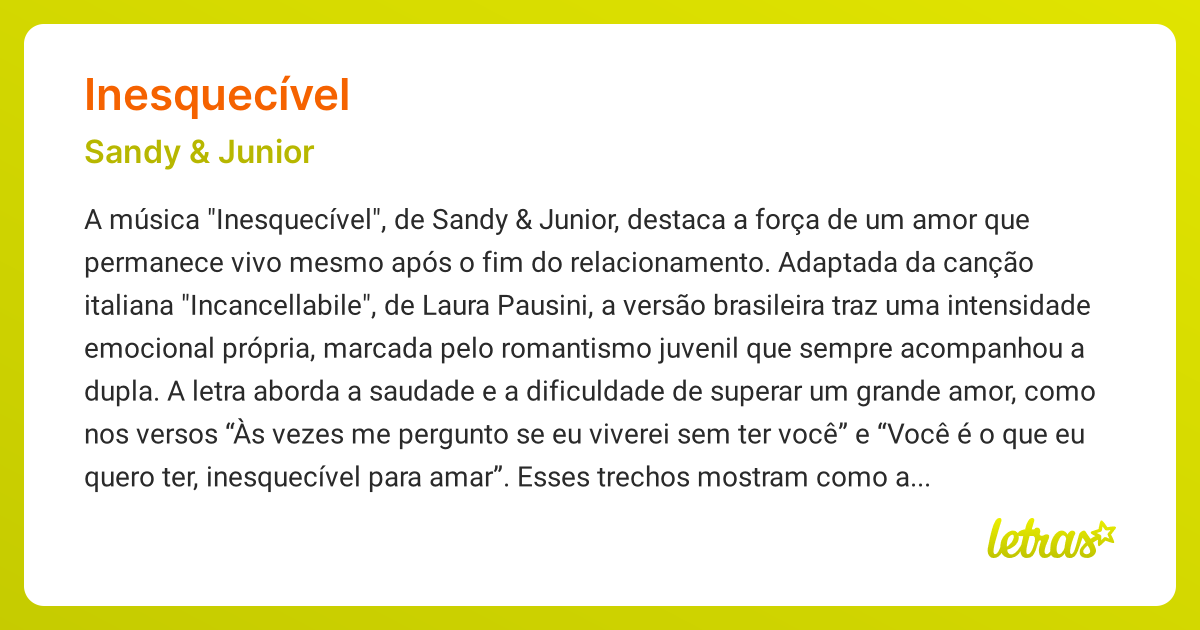 Significado da música INESQUECÍVEL (Sandy & Junior) - LETRAS.MUS.BR