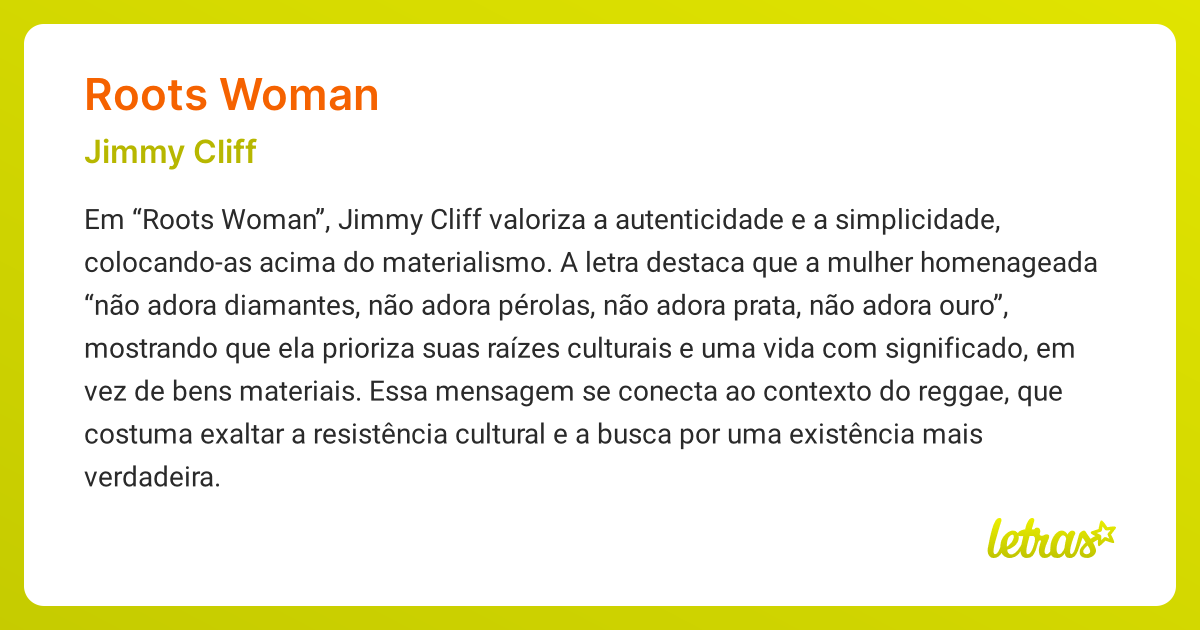 Significado da música ROOTS WOMAN (Jimmy Cliff) - LETRAS.MUS.BR