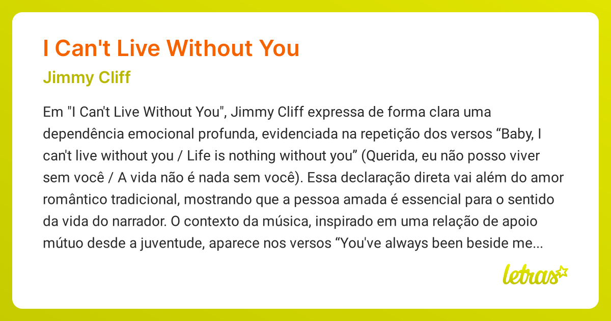 Significado da música I CAN'T LIVE WITHOUT YOU (Jimmy Cliff) - LETRAS ...