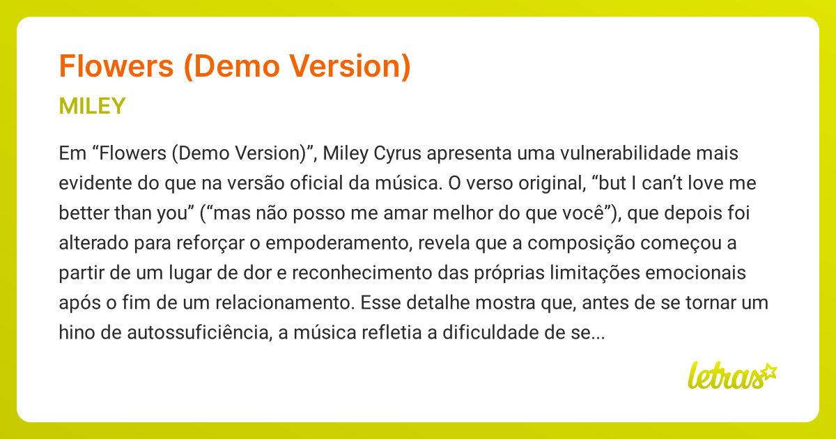 Significado da música FLOWERS (DEMO VERSION) (Miley Cyrus) - LETRAS.MUS.BR