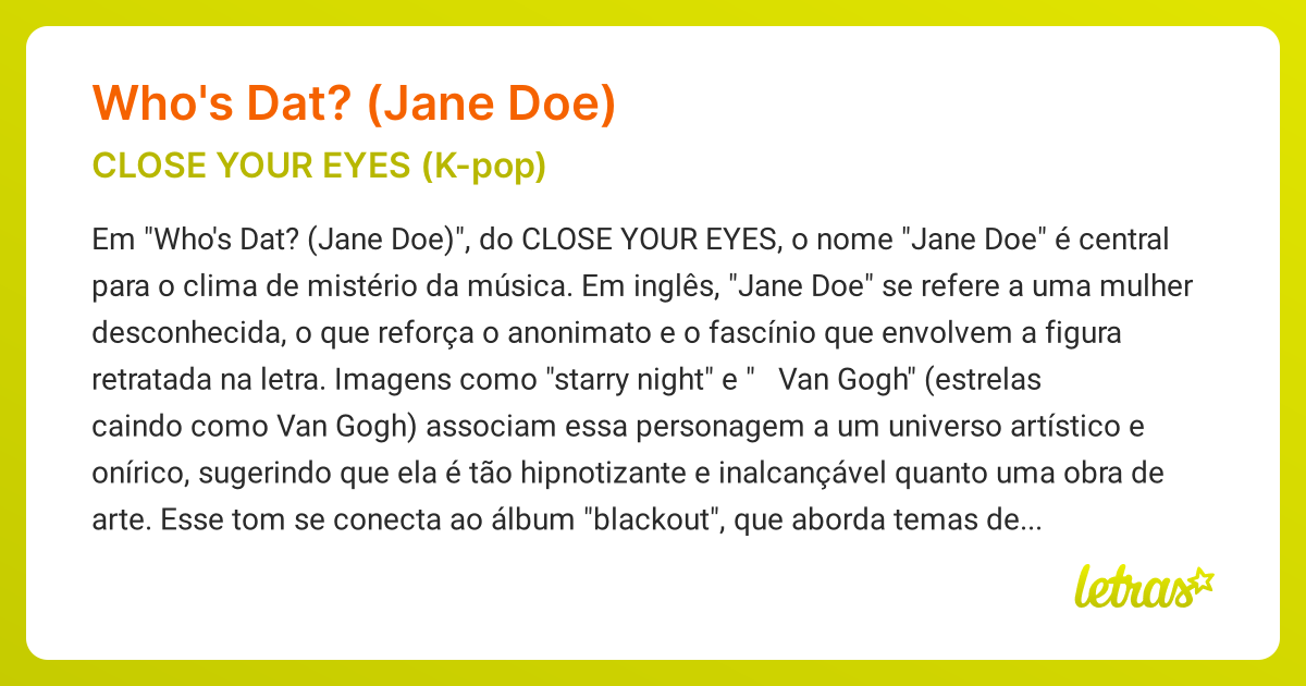 Significado da música WHO'S DAT? (JANE DOE) (CLOSE YOUR EYES (K-pop ...