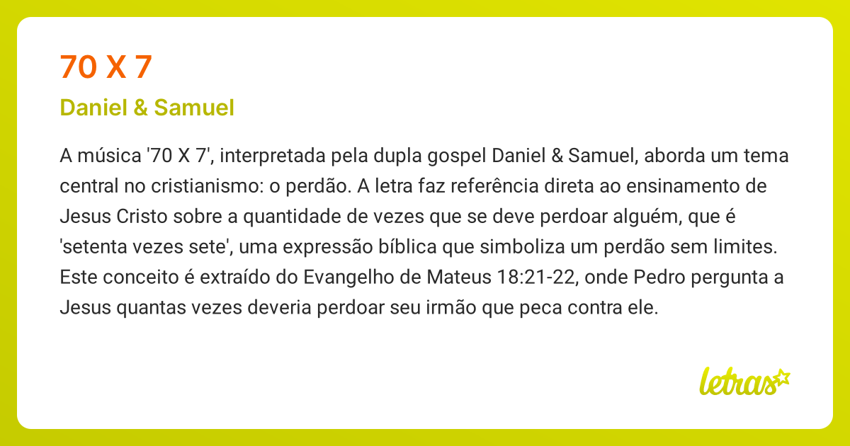 Significado da música 70 X 7 (Daniel & Samuel) - LETRAS.MUS.BR