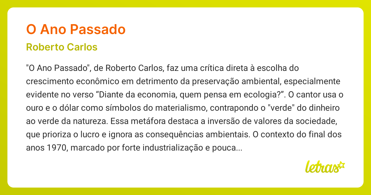 Significado da música O ANO PASSADO (Roberto Carlos) - LETRAS.MUS.BR