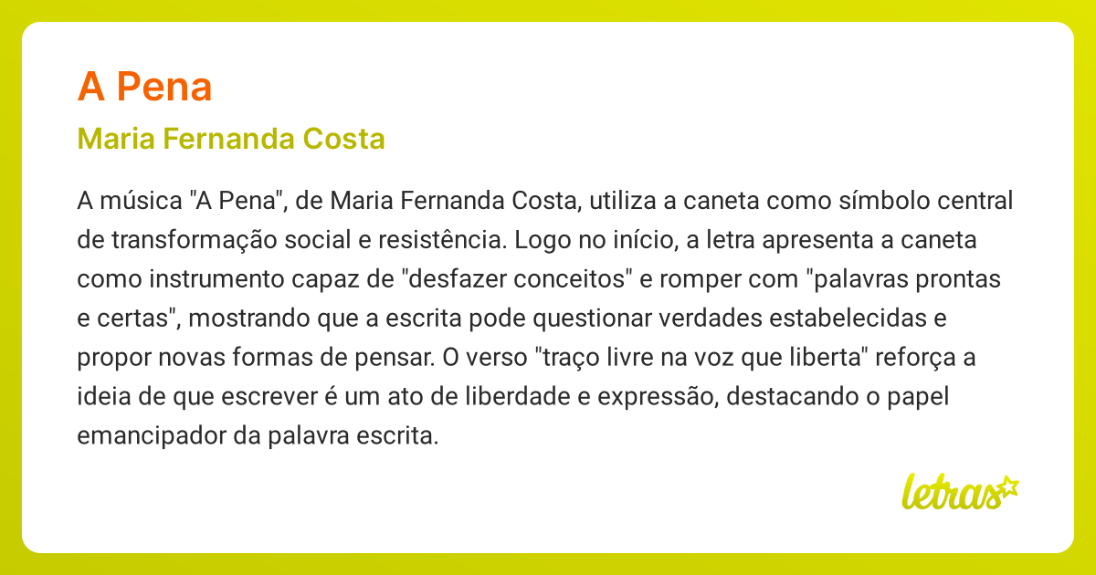 Significado da música A PENA (Maria Fernanda Costa) - LETRAS.MUS.BR