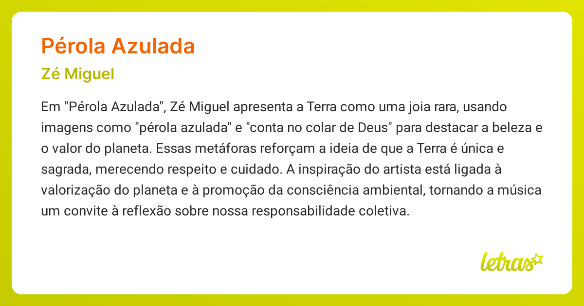 Significado da música PÉROLA AZULADA (Zé Miguel) - LETRAS.MUS.BR