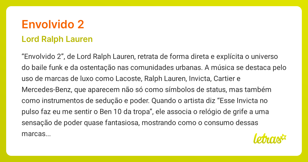 Significado da música ENVOLVIDO 2 (Lord Ralph Lauren) - LETRAS.MUS.BR