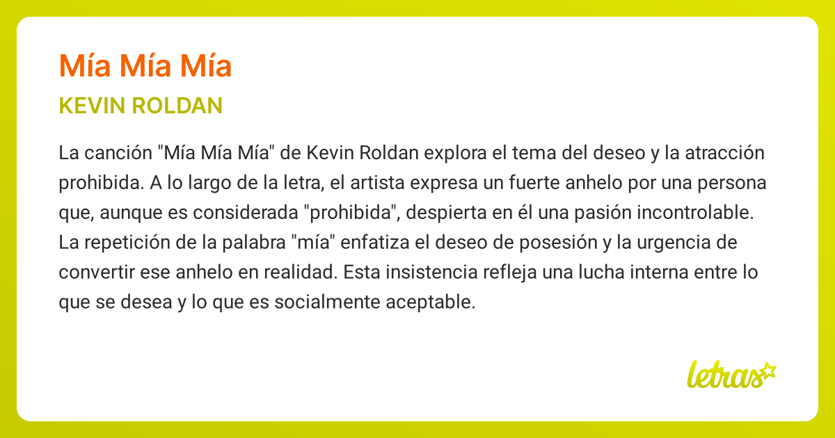 Significado de la canción MÍA MÍA MÍA (KEVIN ROLDAN) - LETRAS.COM