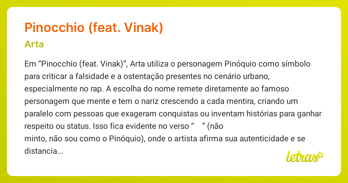 Significado da música PINOCCHIO (FEAT. VINAK) (Arta) - LETRAS.MUS.BR