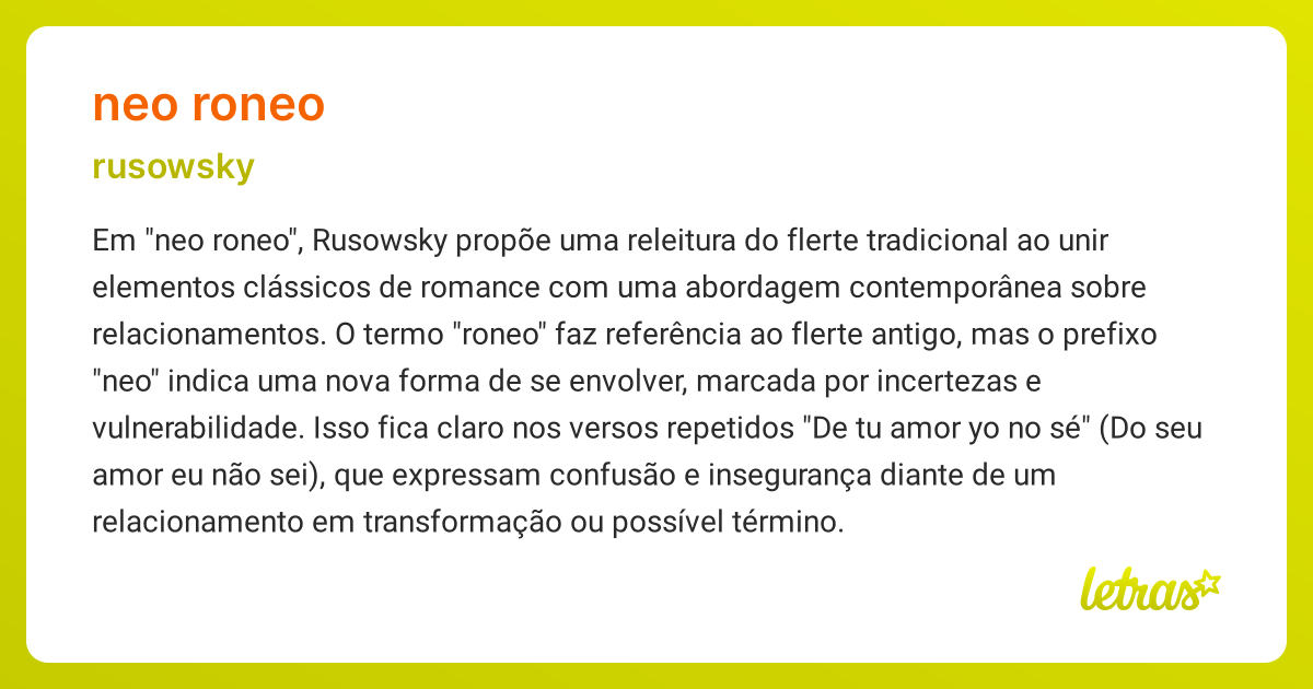 Significado da música NEO RONEO (Rusowsky) - LETRAS.MUS.BR