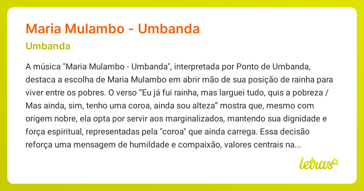 Significado da música MARIA MULAMBO - UMBANDA (Umbanda) - LETRAS.MUS.BR