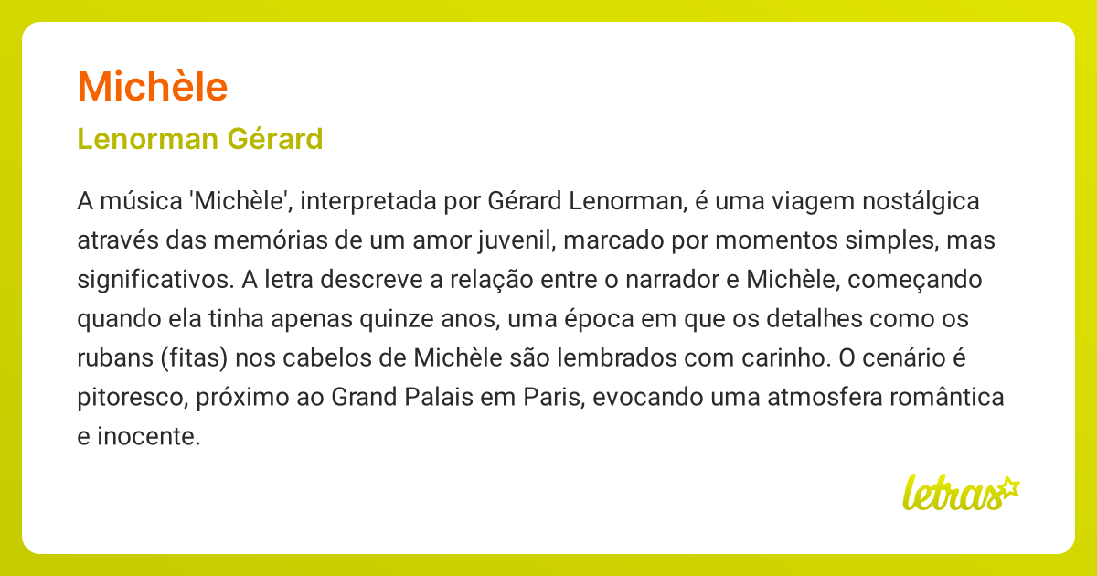 Significado da música MICHÈLE (Lenorman Gérard) - LETRAS.MUS.BR