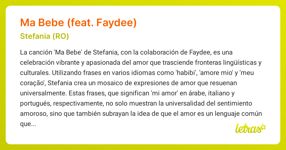 Significado de la canción MA BEBE (FEAT. FAYDEE) (Stefania (RO ...