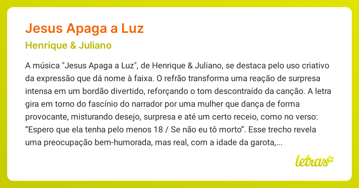 Significado da música JESUS APAGA A LUZ (Henrique & Juliano) - LETRAS ...