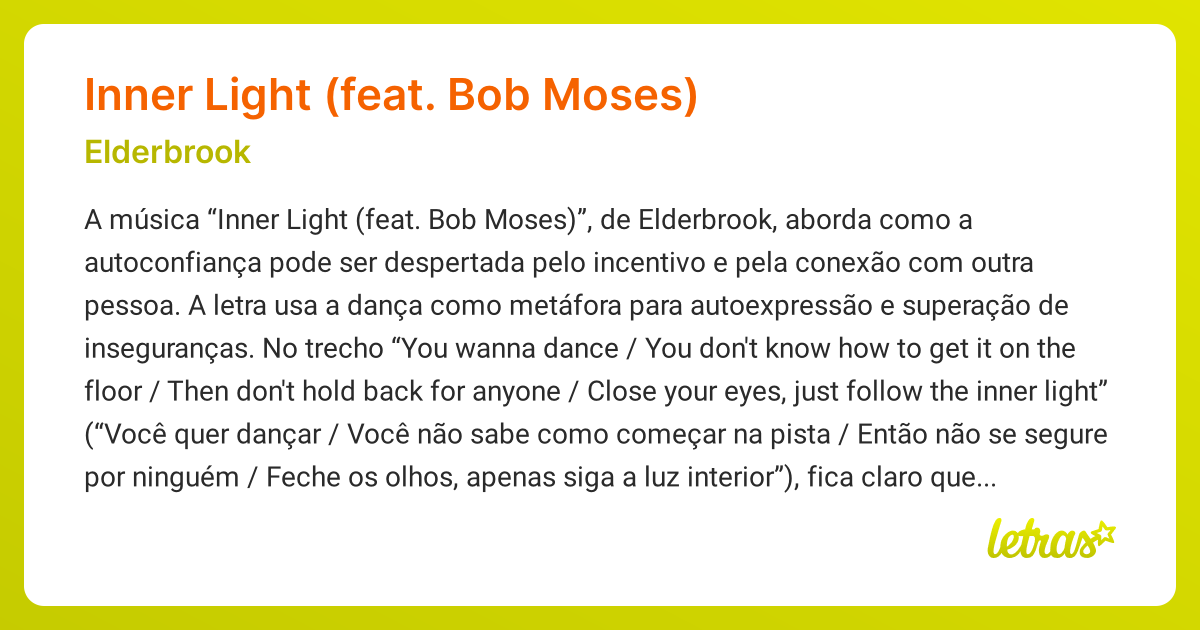 Significado da música INNER LIGHT (FEAT. BOB MOSES) (Elderbrook