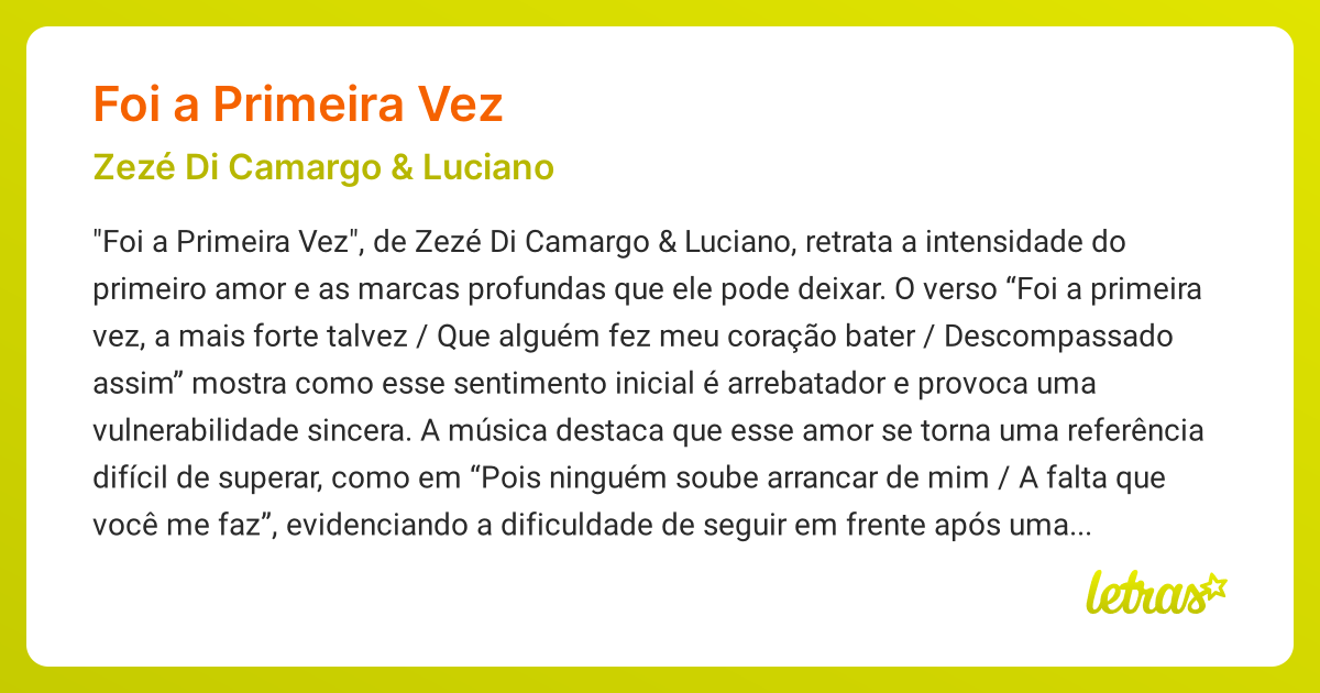 Significado da música FOI A PRIMEIRA VEZ (Zezé Di Camargo & Luciano ...