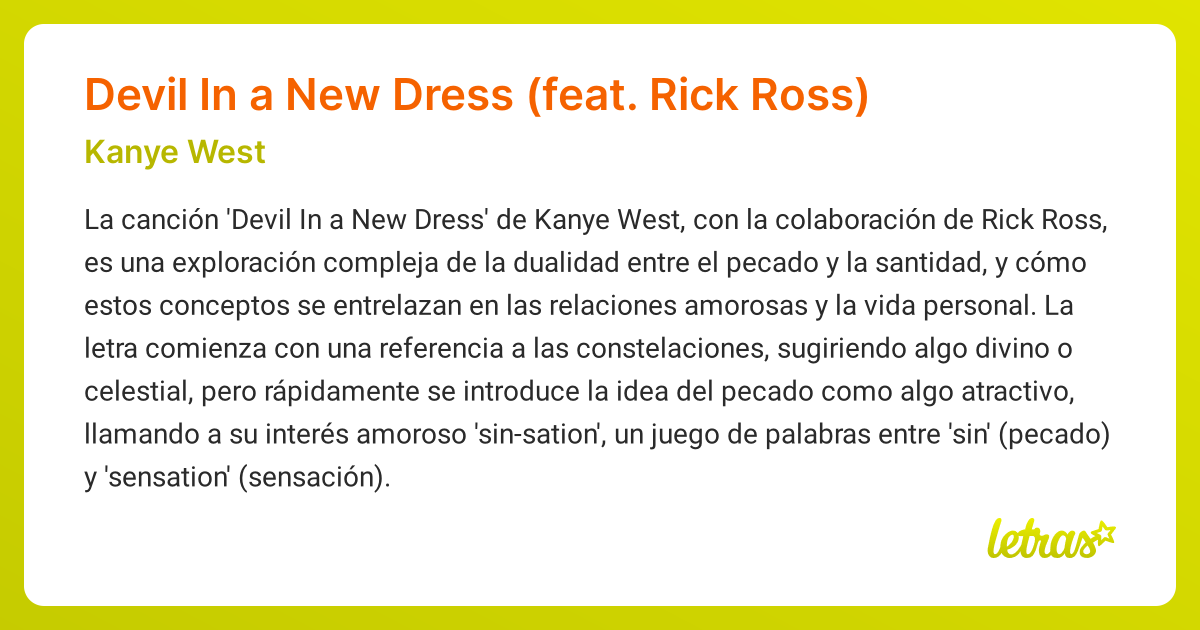 Significado de la cancin Devil In a New Dress (feat. Rick Ross) (Kanye West)  - LETRAS.COM