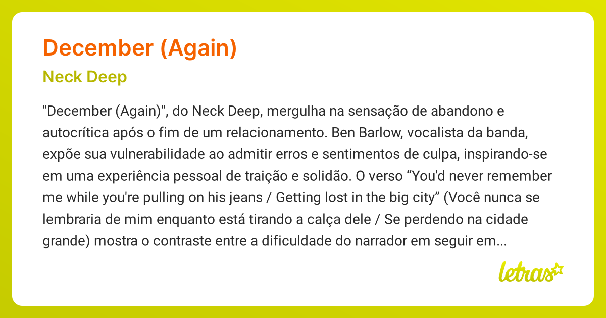 Significado da música DECEMBER (AGAIN) (Neck Deep) - LETRAS.MUS.BR