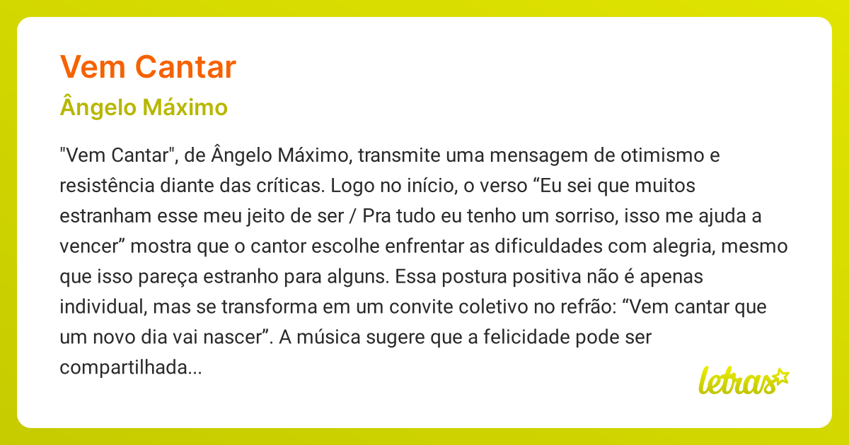 Significado da música VEM CANTAR (Ângelo Máximo) - LETRAS.MUS.BR