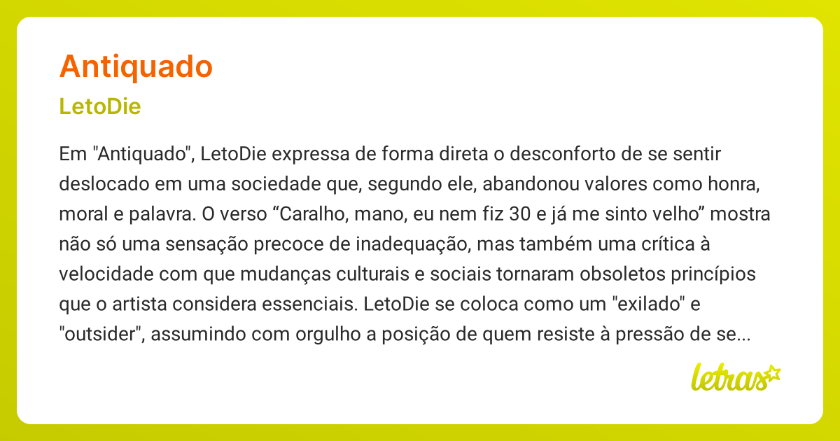 Significado da música ANTIQUADO (LetoDie) - LETRAS.MUS.BR