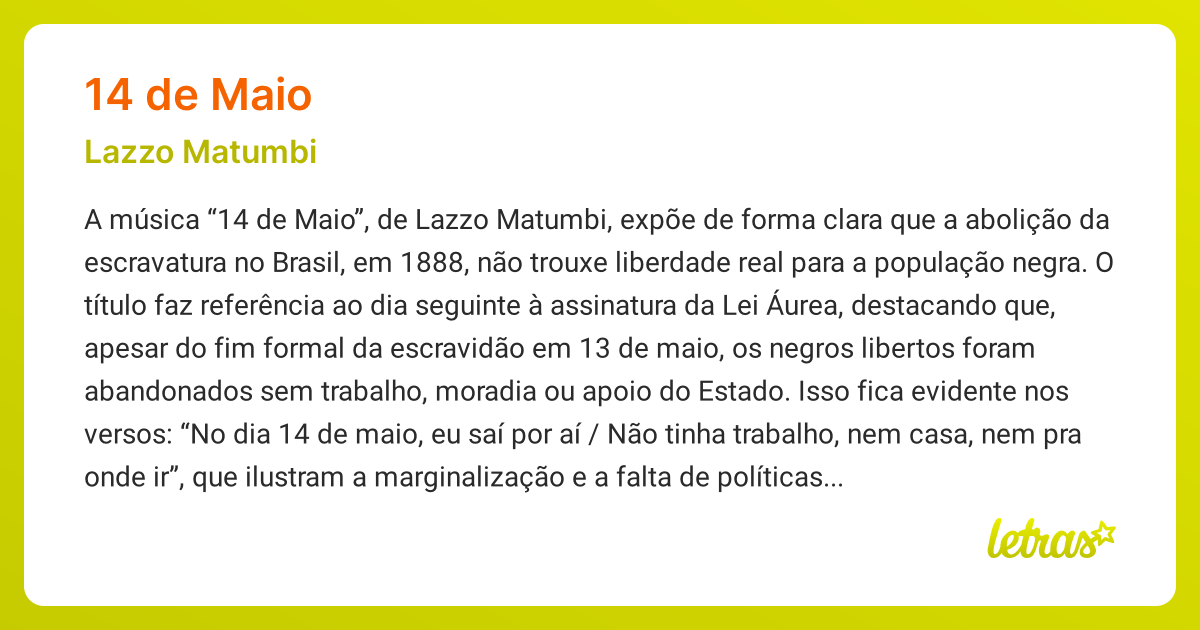 Significado da música 14 DE MAIO (Lazzo Matumbi) - LETRAS.MUS.BR