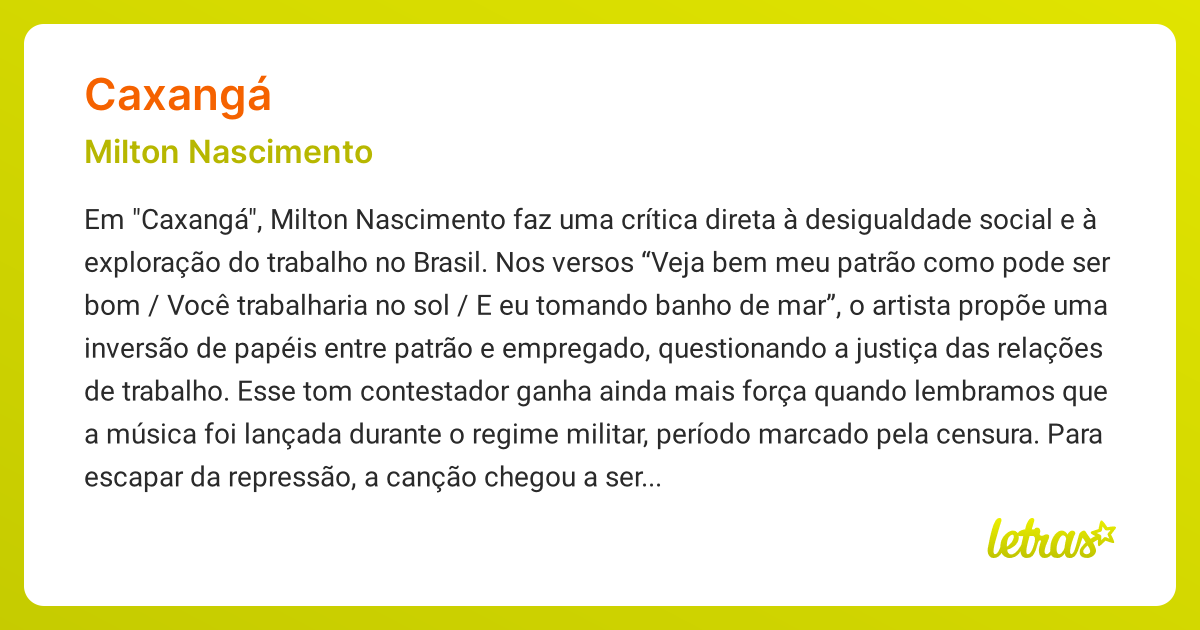 Significado da música CAXANGÁ (Milton Nascimento) - LETRAS.MUS.BR