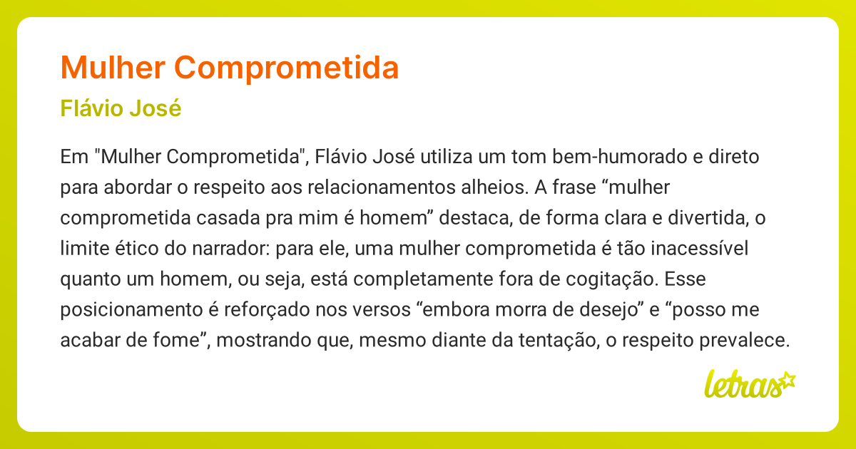 Significado da música MULHER COMPROMETIDA (Flávio José) - LETRAS.MUS.BR