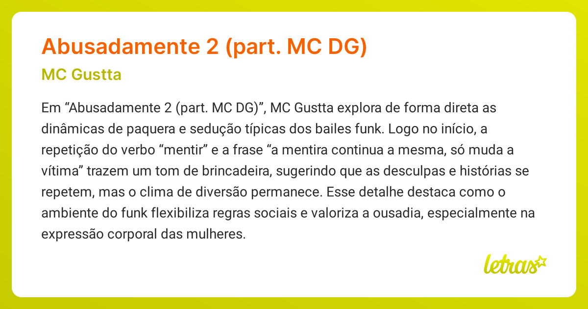Significado da música ABUSADAMENTE 2 (PART. MC DG) (MC Gustta) - LETRAS ...