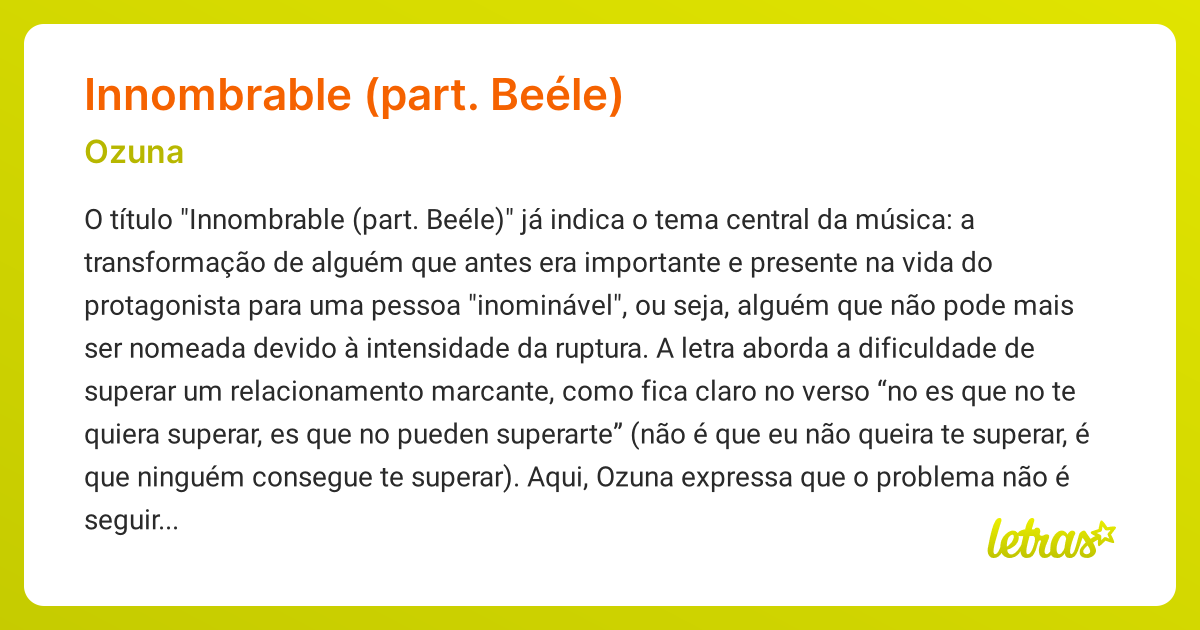 Significado da música INNOMBRABLE (PART. BEÉLE) (Ozuna) - LETRAS.MUS.BR