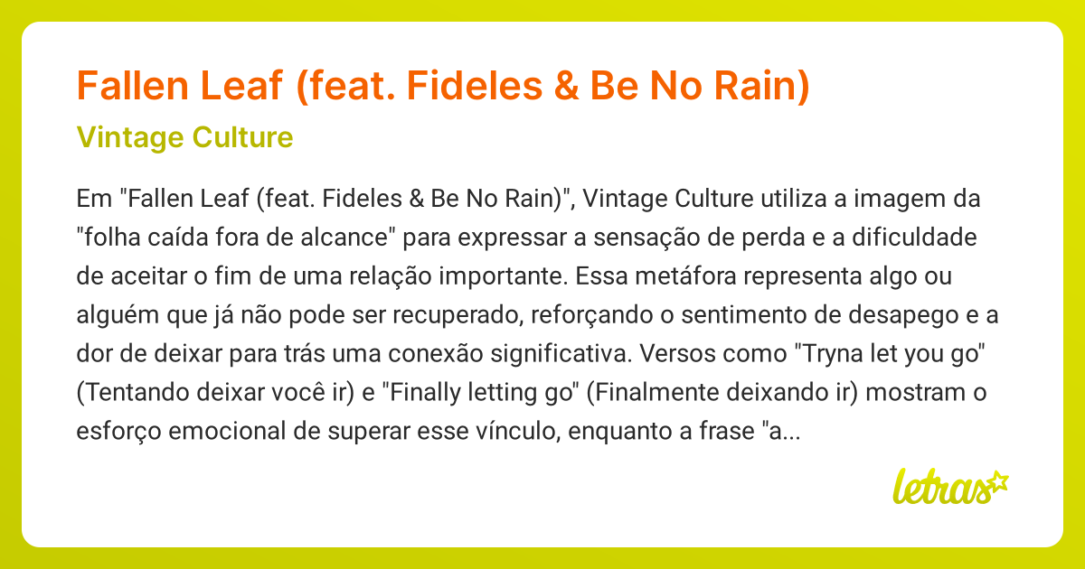 Significado da música Fallen Leaf (feat. Fideles & Be No Rain