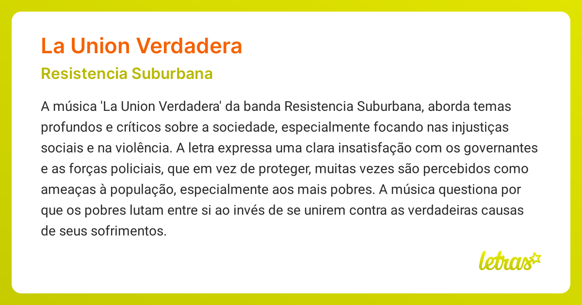 Significado da música LA UNION VERDADERA (Resistencia Suburbana ...