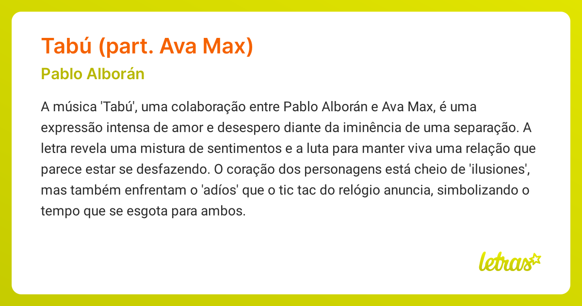 Significado da música TABÚ (PART. AVA MAX) (Pablo Alborán) - LETRAS.MUS.BR