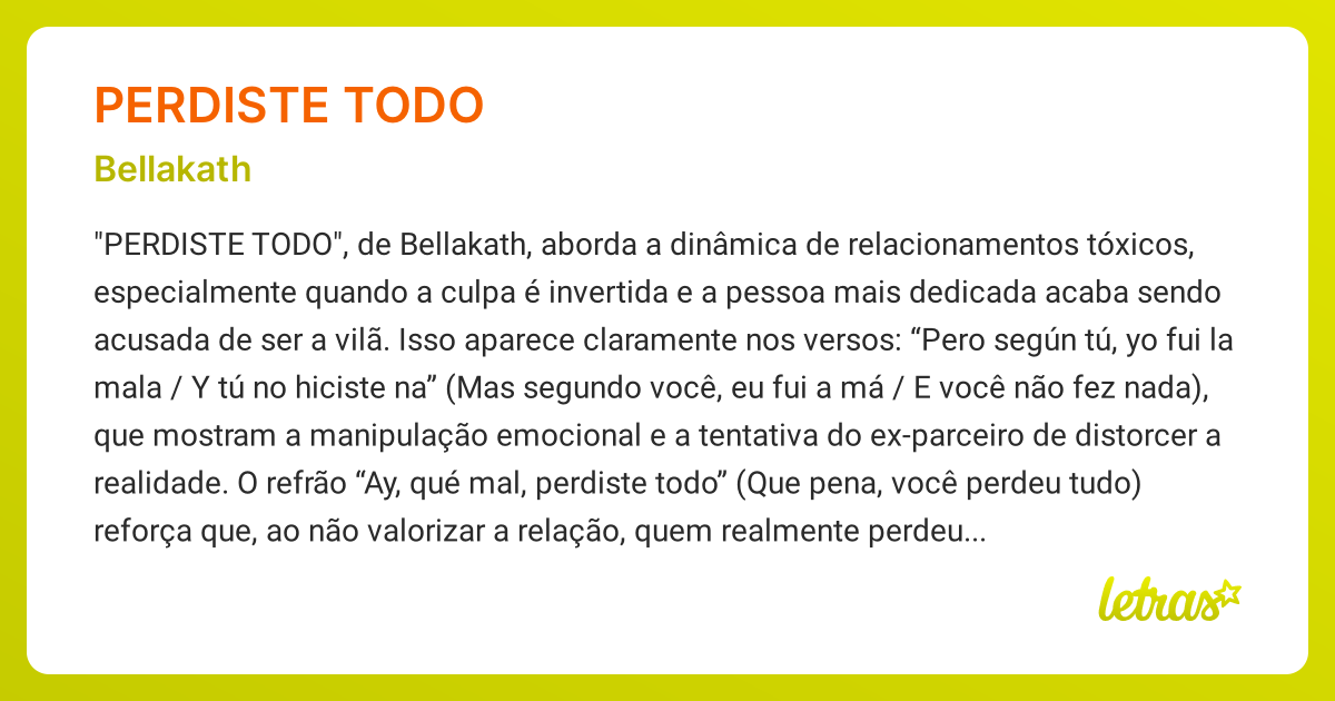 Significado da música PERDISTE TODO (Bellakath) - LETRAS.MUS.BR